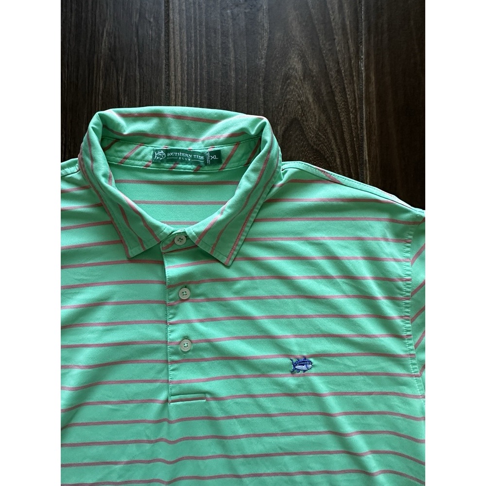 Southern‎ Tide Club Mens XL Polo Shirt Green Pink Striped Orange County National